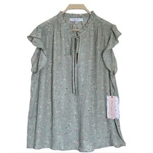 NWT Sweet Rain Pastel Sage Green Floral Ruffle Sleeve V-Neck Blouse Size 2X